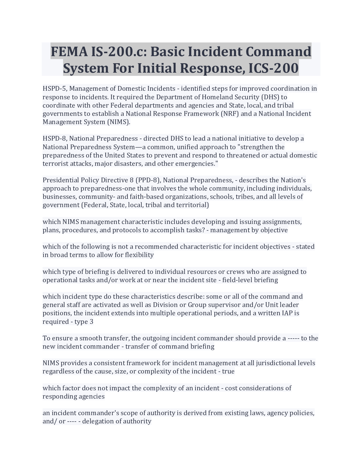 Preview of FEMA IS-200.c: Basic Incident Command System For Initial Response, ICS-200